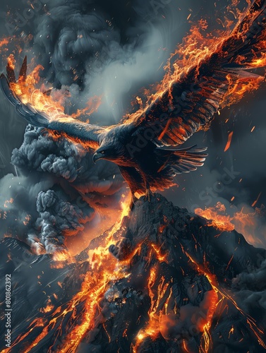 An eagle flies over a volcanic landscape. The sky is orange and the ground is covered in lava. photo