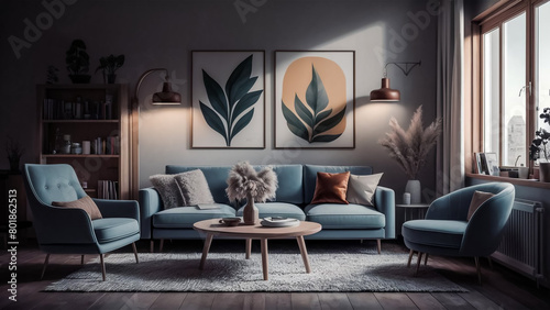 Living room interior designed in an eclectic way combining Scandinavian, Japandi and boho styles. Natural materials like wood and woven fabrics create a cohesive whole with navy blue wall. 3D © Ahmer