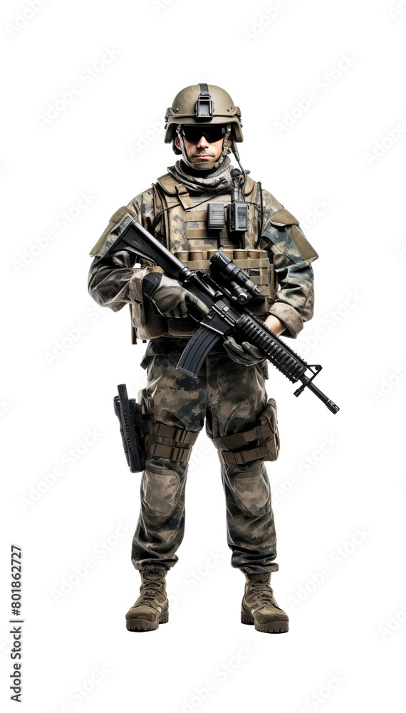 Modern soldier standing at ease with assault rifle, wearing camouflage and combat gear, isolated on a transparent background. Generative AI Modern soldier standing at ease with assault rifle, wearing camouflage and combat gear, isolated on a transparent background. Generative AI