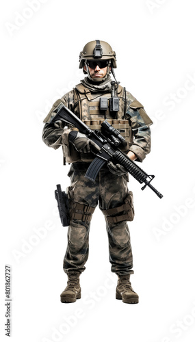 Modern soldier standing at ease with assault rifle, wearing camouflage and combat gear, isolated on a transparent background. Generative AI