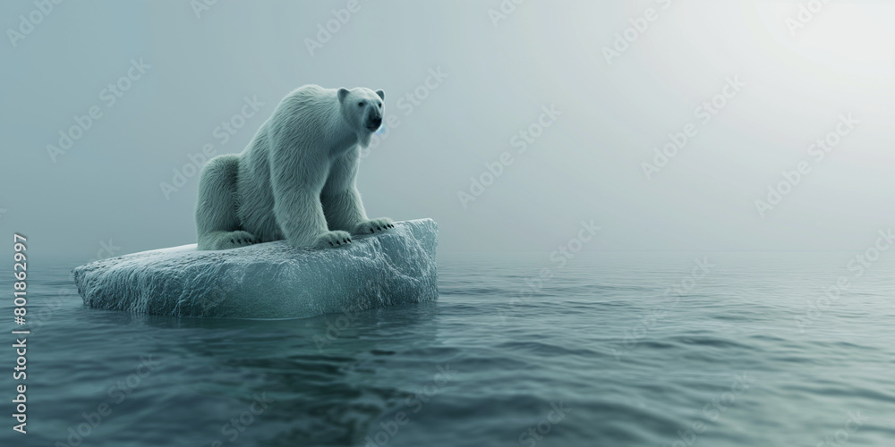 A polar bear on a small melting iceberg or ice floe in Antarctica or Arctic Sea. iceberg global warming, climate changes.