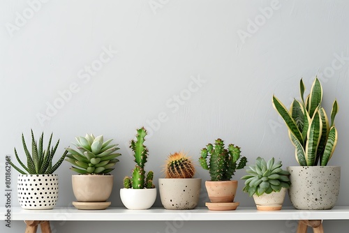 Shelf at home against a white empty wall. Copy space with a place for text or graphics. Cactus decoration in a polka dot pot. Scandinavian style. Concrete clock