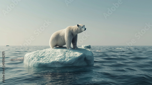 A polar bear on a small melting iceberg or ice floe in Antarctica or Arctic Sea. iceberg global warming, climate changes.