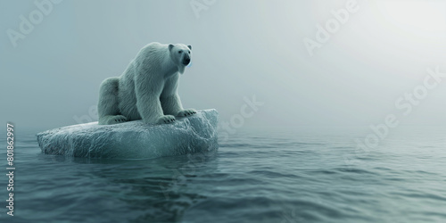 A polar bear on a small melting iceberg or ice floe in Antarctica or Arctic Sea. iceberg global warming  climate changes.