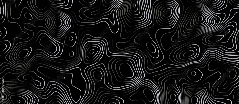 Abstract black background paper cut style with white wave curve line Luxury concept. Panorama view topography map contour background. Vector illustration. Line topography map contour background.