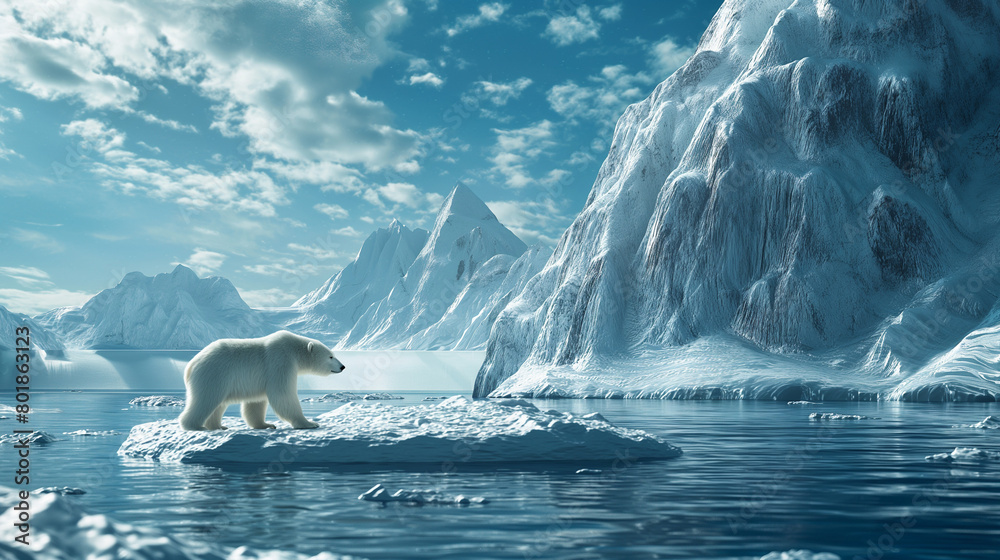 A polar bear on a small melting iceberg or ice floe in Antarctica or ...
