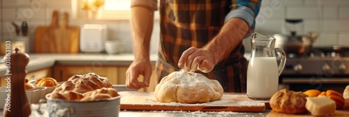 Homemade bread preparation in softly lit kitchen with dough, flour, and milk for baking photo