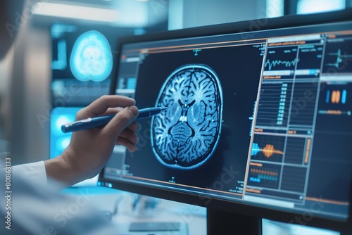 Doctor's hand holding a pen shows a Brain Diagnosis CT Scan on a computer screen photo