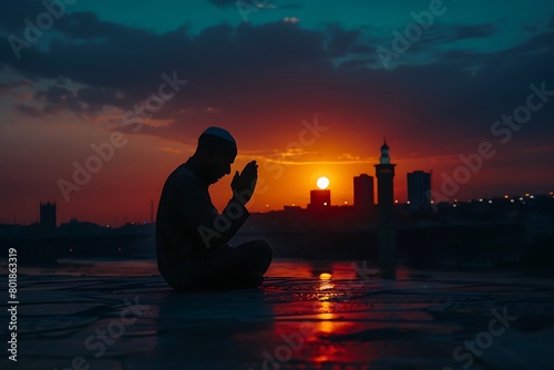 Silhoueitte of young muslim man pray with beautiful sunset/ sunrise in background photo