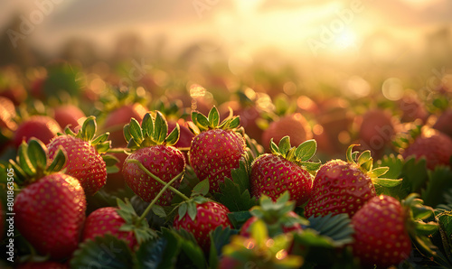 A vibrant still-life of ripe strawberries among green leaves. Generate AI