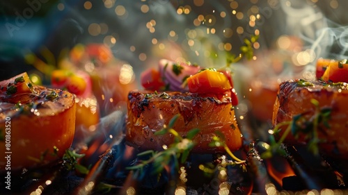 Three pieces of meat are being grilled with herbs and vegetables