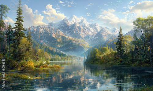Serene landscape with a mountain range, reflecting lake, and sunset hues. Generate AI