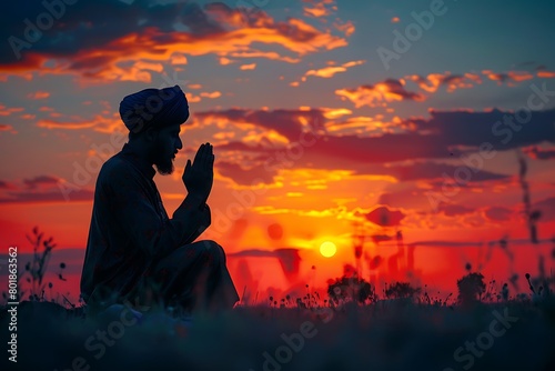 Silhoueitte of young muslim man pray with beautiful sunset/ sunrise in background