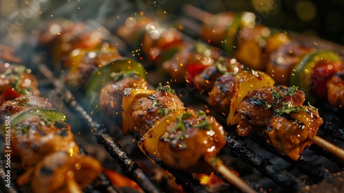 A plate of skewers on a grill with a lot of smoke photo