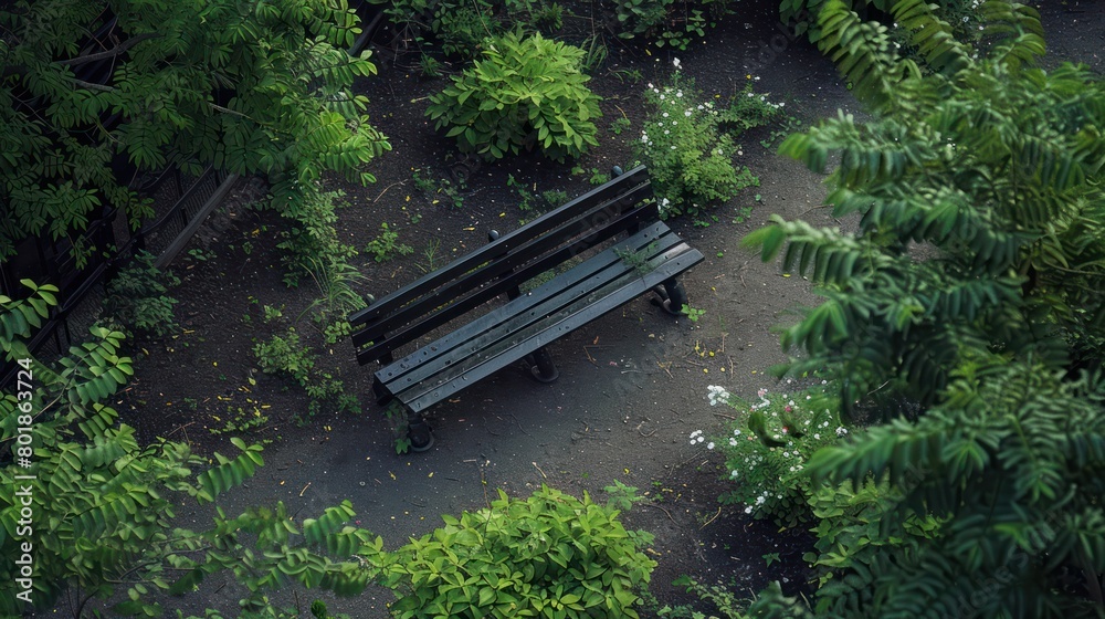 Fototapeta premium Wooden bench in green outdoor garden