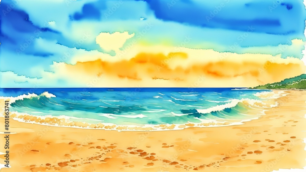 The gentle waves of the ocean framed by the golden sand of the beach. The idea of calm and harmony in the seascape. Watercolor illustration, AI Generated