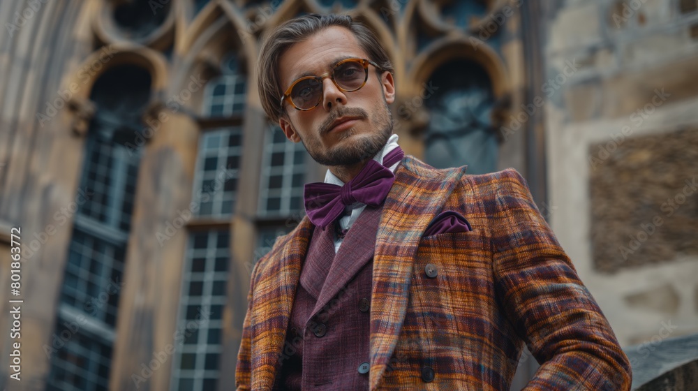 Fashionable young man in chic tweed suit and purple bow tie in an urban setting, Concept of modern elegance and vintage fashion