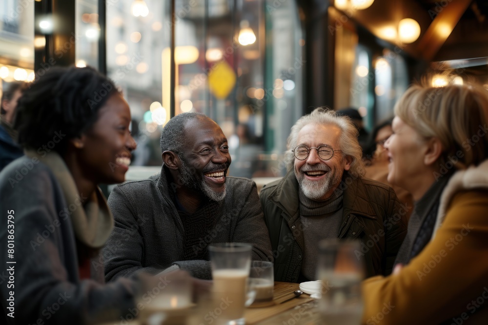 Group of diverse friends hanging out together and having fun in a pub