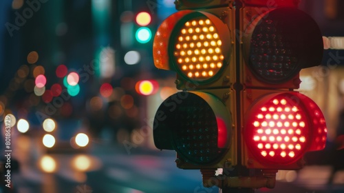 A close-up of a traffic signal with vibrant red and green lights illuminated, indicating stop and go for vehicles.
