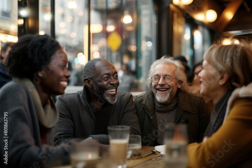 Group of diverse friends hanging out together and having fun in a pub