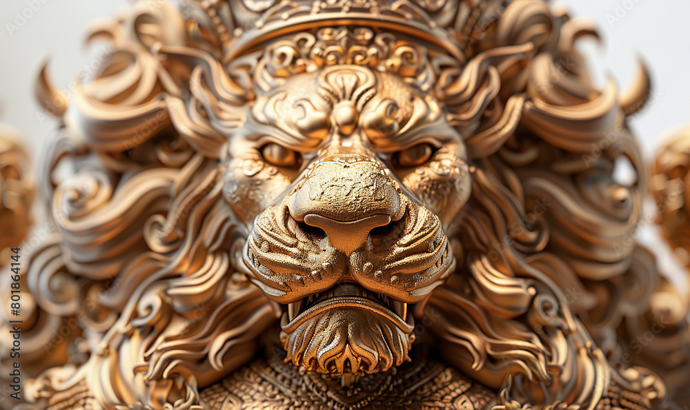 Close-up view of an intricate golden dragon sculpture with emphasis on texture. Generate AI