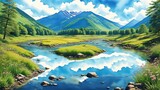 A crystal clear stream of a mountain river running among green meadows. An image of the living and irresistible force of mountain nature. Watercolor illustration, AI Generated