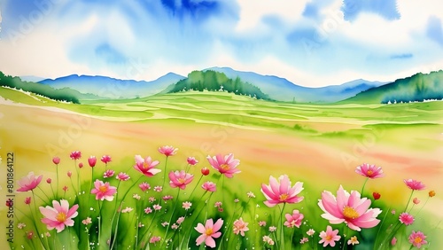 A gentle wind surrounded by flowering meadows. An inspiring depiction of life and harmony in nature. Watercolor illustration, AI Generated