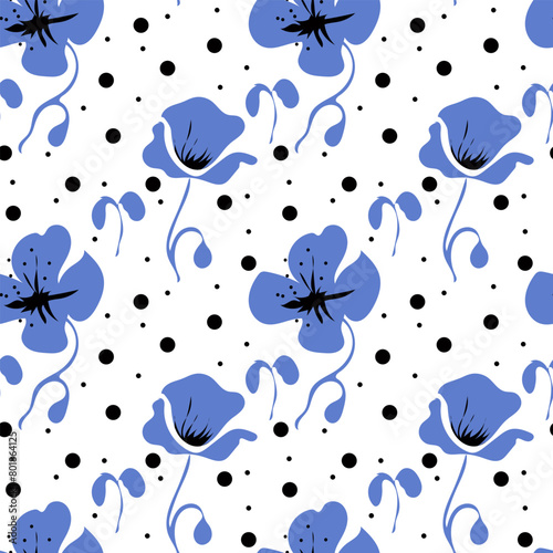 Seamless pattern with blue flowers on white background
