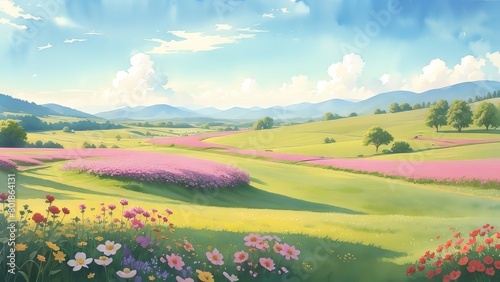 A gentle wind surrounded by flowering meadows. An inspiring depiction of life and harmony in nature. Watercolor illustration  AI Generated