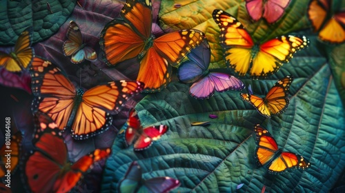 A close-up of a vibrant leaf with a colorful assortment of fluttering butterflies, creating a mesmerizing natural spectacle. © Plaifah
