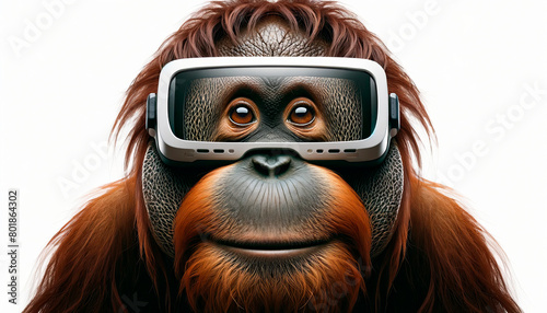 Orangutan wearing virtual reality headset, a playful yet thought-provoking image blending nature and technology, ideal for discussions on technology’s impact on wildlife and education, with ample copy photo