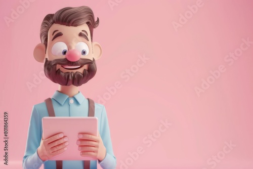 Animated 3D Character with Tablet in Pink Background: Charming Older Man with Mustache