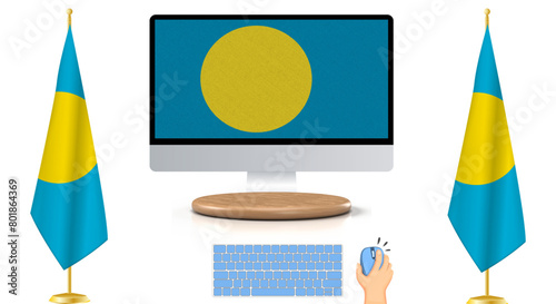 Palau Flag in the Digital Era: Illustration of Two Flag Stands with Keyboard and Mouse, Symbolizing Modern Connectivity. EPS Vector Format