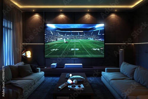 Football Game on Large Flat Screen Television, in Apartment Living Room