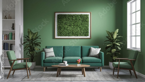 Stabilized moss hanging on the wall in modern interior. Panel of green moss. Beautiful square decoration element, made of stabilized plants: grass, moss, fern and green leaves. 3d rendering photo
