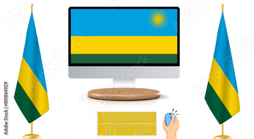 Rwanda Flag in the Digital Age: Illustration of Flag Stands Amidst Keyboard and Mouse, Representing Modern Connectivity. EPS Vector Format.