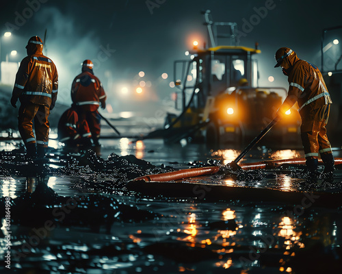 Night scene of emergency response teams working under floodlights to contain and recover oil on water showing the urgency of mitigation efforts