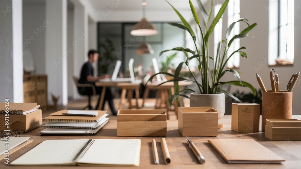 Obraz premium Contemporary Office Space with Eco-Friendly Wooden Desk Organizers