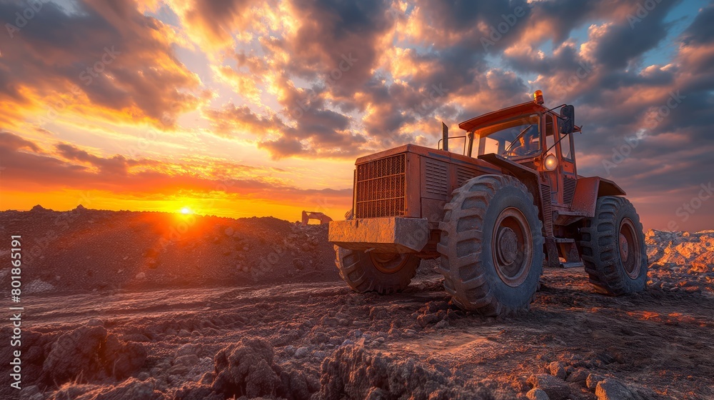 Fototapeta premium Large industrial tractor at a mining site during sunset, powerful earthmover in a rugged terrain under a dramatic orange sky, Concept of industrial progress, construction and environmental impact.