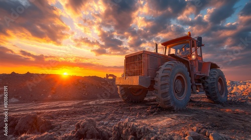Large industrial tractor at a mining site during sunset, powerful earthmover in a rugged terrain under a dramatic orange sky, Concept of industrial progress, construction and environmental impact.
