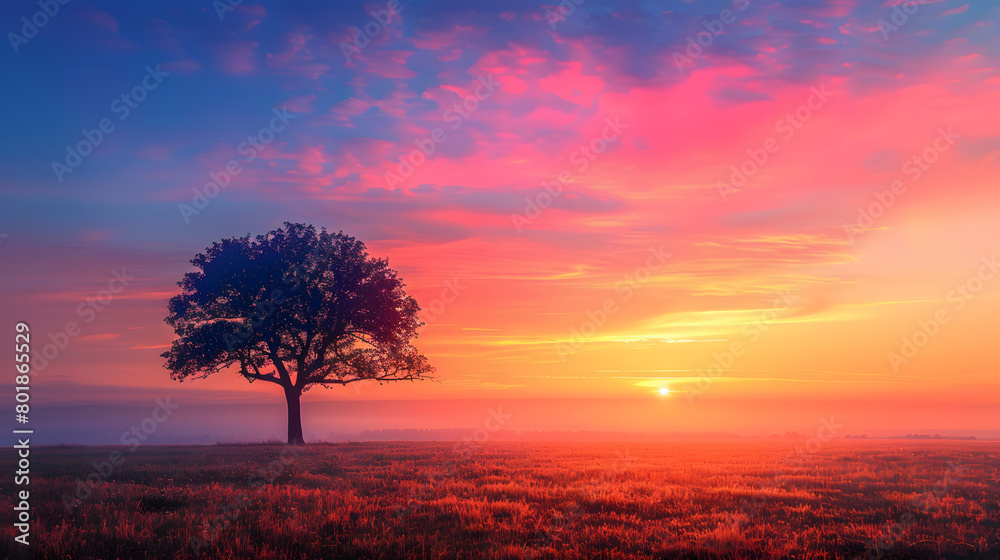 silhouette of a large tree in the middle of a meadow at sunset silhouette of a large tree in the middle of a meadow at sunset