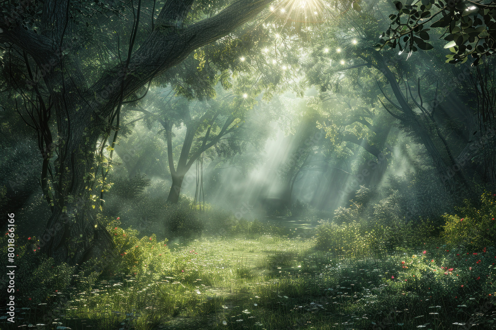 Obraz premium A Sunlit Forest Glade Scene., International Sun Day, the importance of solar energy, Sun’s contributions to life on Earth.