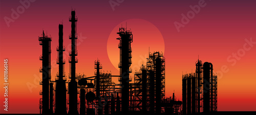 Oil refining plant. Oil production. Vector illustration. Sketch for creativity.