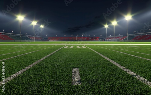 empty stadium with grass field bright and lights in the background at night time
