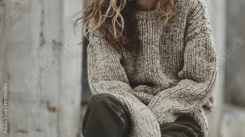 A luxurious sweater knit with a blend of merino wool and camel hair envelops the wearer in warmth and softness.