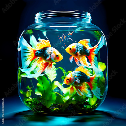  Betta fish and Goldfish swimming together inside a large glass jar with broad green leaves.