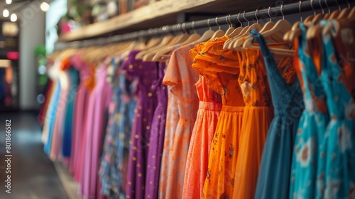 Vibrant and colorful women's clothing on display in a boutique setting, showcasing a range of summer dresses and casual wear, concept of seasonal fashion and retail shopping