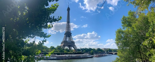 Eiffel Tower in city against blue sky  sunny day