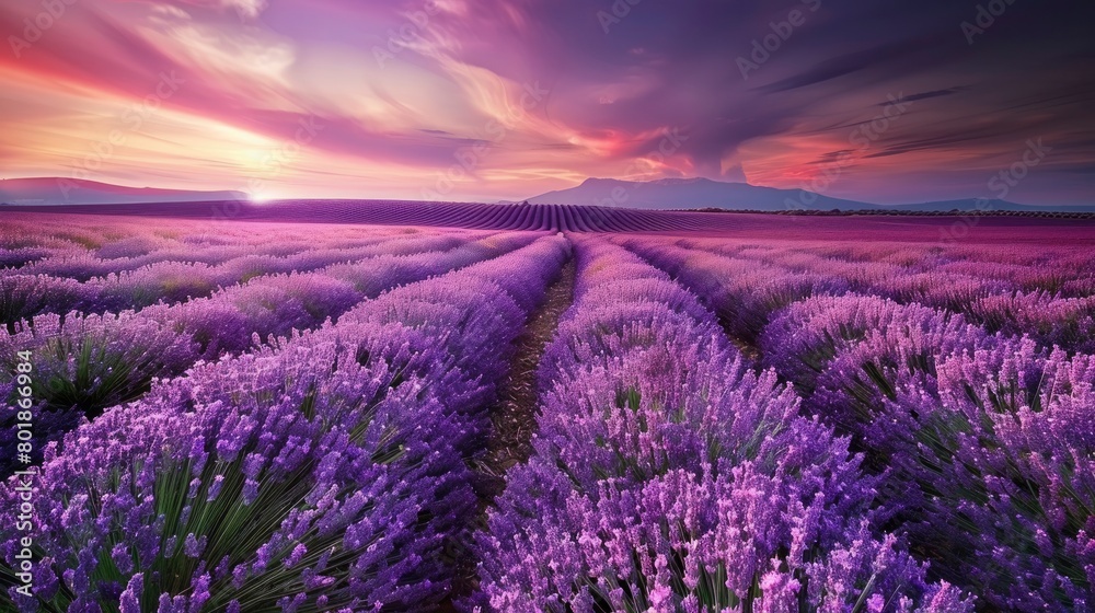 A vast lavender field under the twilight sky with rows of purple flowers