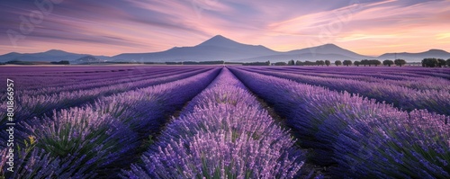 A vast lavender field under the twilight sky with rows of purple flowers
